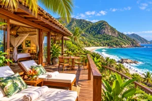 ✨ Rio De Janeiro Glamping Hub: Luxury Nature Stays in Brazil’s Most Vibrant City 19 Luxury tropical eco-lodge bungalow with a wooden deck, outdoor lounge chairs, palm trees, and panoramic ocean views overlooking a secluded beach.