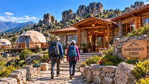 Two travelers wearing backpacks walk toward a rustic mountain lodge surrounded by dramatic Andean rock formations, with stone architecture, wooden beams, colorful flowers, glamping domes, and beautiful mountain scenery inspired by Marcahuasi Stone Forest, Peru.