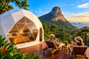 Eco Dome Retreat, Pedra Bonita – Luxury Glamping in Rio’s Rainforest 1 Luxury geodesic glamping dome on a wooden deck overlooking lush Rio de Janeiro rainforest, dramatic mountains, and the distant Atlantic coastline.