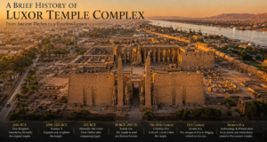 Luxor Temple – Heart Of Ancient Thebes 3 Aerial view of the historic Luxor Temple complex in Egypt, showing ancient pylons, obelisks, statues, courtyards and columns with the Nile River and modern Luxor in the background