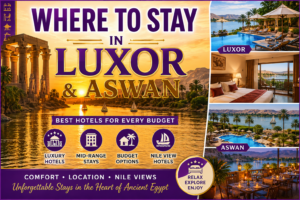 ⛵ Nile River Cruises – Sail Past Temples & Scenic Landscapes 19 Where to Stay in Luxor and Aswan, Egypt, featuring Nile-view hotels, resort pools, comfortable rooms, ancient temples, and sunset scenery.