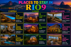 🌴✨ Rio De Janeiro Glamping Hub: Luxury Nature Stays In Brazil’s Most Vibrant City 3 Colorful Rio de Janeiro travel infographic featuring nine unique places to stay, including luxury beachfront hotels, scenic glamping domes, boutique homestays, hostels, and luxury apartments. The image showcases accommodations with views of Sugarloaf Mountain, Copacabana Beach, Tijuca Forest, and Rio's stunning coastline, with colorful lettering and organized categories for hotels, domes, and other lodging options.