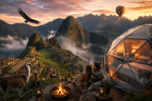 Luxury Machu Picchu glamping experience with a glowing dome overlooking the Andes mountains and ancient Inca ruins at sunset, featuring an Andean condor, hot air balloon, fire pit, llamas, and people relaxing on a scenic deck.