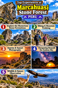 Tall, colorful travel collage illustrating five top experiences at Marcahuasi Stone Forest, Peru, featuring mysterious human-shaped rock formations, hikers trekking through the Andes Mountains, spectacular golden sunsets, a glowing camping tent beneath the Milky Way, and Andean wildlife surrounded by dramatic rocky landscapes.