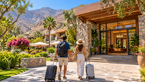 Two travelers carrying suitcases walk toward a beautiful countryside resort hotel surrounded by lush gardens, palm trees, flowering plants, and scenic mountain landscapes near Cieneguilla, Peru.