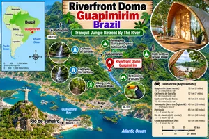 Riverfront Dome, Guapimirim – Tranquil Jungle Retreat By The River 5 Illustrated travel map of Riverfront Dome in Guapimirim, Brazil, highlighting the tropical jungle retreat, Soberbo River, Serra dos Órgãos National Park, Dedo de Deus mountain peak, scenic waterfalls, hiking trails, and nearby Rio de Janeiro.