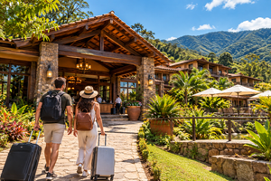Couple carrying rolling suitcases walking toward a beautiful countryside hotel featuring rustic wooden architecture, stone pillars, tropical gardens, and forested mountain views near São Paulo, Brazil.