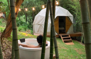 White geodesic eco dome surrounded by bamboo and lush forest with a traveler relaxing in an outdoor hot tub.