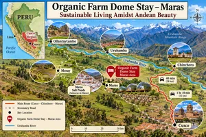 Organic Farm Dome Stay, Maras: Sustainable Living Amidst Andean Beauty 5 Illustrated map of Organic Farm Dome Stay near Maras in Peru’s Sacred Valley, showing Cusco, Chinchero, Moray, Urubamba, Ollantaytambo, and the Maras Salt Ponds.