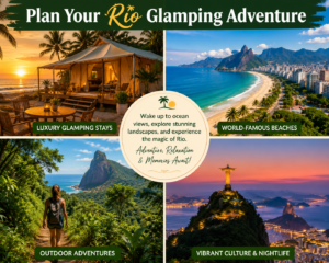 🏖 Beachfront Safari Tent, Barra Da Tijuca – Oceanfront Glamping in Rio de Janeiro 6 A four-image collage showcasing Rio de Janeiro glamping adventures, featuring a luxury beachfront safari tent, stunning coastline, scenic hiking trail, and the iconic Christ the Redeemer statue overlooking the city.