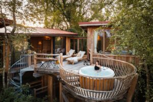 Elevated glamping structures resembling treehouses with a deck, hot tub, and lawn chairs surrounded by lush forest.