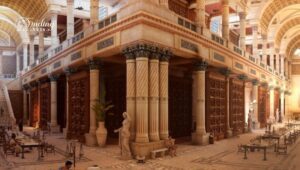 🌊 Alexandria – Mediterranean Charm, Libraries & Coastal Fortresses 2 Large building with tall pillars with tables and chairs.