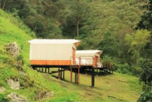 🏕️ Andean Vista Glamp – Luxury Tents With Breathtaking Canyon Views 2 Glamping structures on platforms on a hill and a forest,