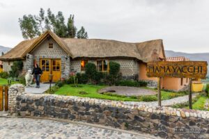 Building with stone wall in front with a sign and shrubs and stone sidewalk and a tree.