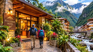 Two travelers carrying backpacks walk toward a welcoming eco-lodge hotel with a stone and wooden entrance, warm interior lighting, and tropical plants. A flowing river, pedestrian bridge, colorful buildings, and towering mist-covered Andean mountains create a scenic setting inspired by Aguas Calientes, Peru, near Machu Picchu.