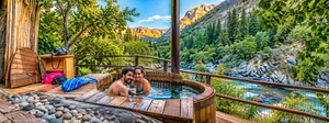 Couple relaxing in a wooden outdoor hot tub overlooking a rushing mountain river surrounded by lush forest, rocky slopes, and dramatic mountain peaks.