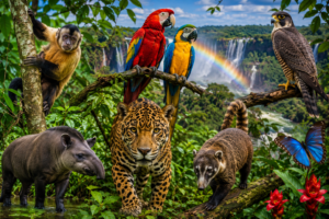 Tropical wildlife scene near Iguazu Falls featuring a jaguar, colorful parrots, monkey, falcon, tapir, coati, rainforest plants, butterfly, rainbow mist, and lush jungle waterfall scenery.