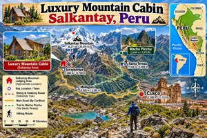 Illustrated travel map of the Salkantay mountain region in Peru, featuring snow-covered Andean peaks, a rustic mountain cabin, Soraypampa, Mollepata, Cusco, Santa Teresa, and Machu Picchu. Includes colorful trekking routes, a compass, and a mini map highlighting the Cusco region within Peru.
