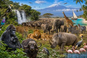 A vibrant East Africa safari collage featuring mountain gorillas, elephants, lions, rhinoceros, zebras, giraffes, wildebeest migration, colorful birds, a waterfall, tropical Zanzibar beach, and Mount Kilimanjaro in the background.