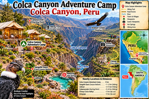 Colorful illustrated adventure map of Colca Canyon Adventure Camp in Peru, featuring luxury glamping tents, dramatic Andean mountains, the Colca River, scenic hiking trails, natural hot springs, and an Andean condor. Mini-maps highlight the Colca Canyon region in southern Peru and its location within South America.