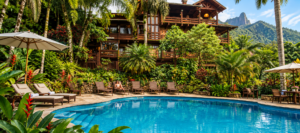 Rainforest lodge with a swimming pool surrounded by lush tropical vegetation and mountain scenery near Rio de Janeiro.