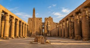 Luxor Temple – Heart Of Ancient Thebes 6 The Great Court of Ramses II at Luxor Temple in Egypt, featuring rows of massive sandstone columns, carved hieroglyphs, monumental statues and ancient temple architecture.