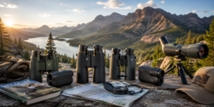 A wide outdoor optics gear setup featuring binoculars, spotting scopes, monoculars, maps, guidebooks, and travel accessories displayed on a scenic mountain overlook above a lake valley during golden-hour lighting. Pine forests and rugged mountain peaks stretch across the background beneath a bright sky.