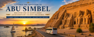 ⛵ Nile River Cruises – Sail Past Temples & Scenic Landscapes 11 Abu Simbel temples beside Lake Nasser at sunset with colossal Ramses II statues, a felucca sailboat, and scenic Egyptian desert landscape.