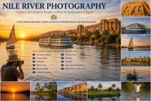 ⛵ Nile River Cruises – Sail Past Temples & Scenic Landscapes 15 Nile River photography collage featuring ancient Egyptian temples, cruise ships, feluccas, palm trees, desert cliffs, villages, wildlife, farmland, and colorful sunset reflections.