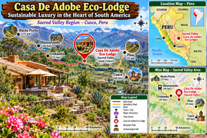 Colorful illustrated travel map of Casa De Adobe Eco-Lodge in Peru's Sacred Valley, featuring traditional adobe-style accommodations, Andean mountains, Machu Picchu, Ollantaytambo, Urubamba, Pisac, Cusco, and a mini location map.