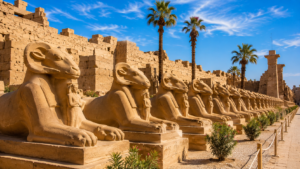 Karnak Temple – Luxor, Egypt: Gateway To Ancient Wonders 10 Ram-headed sphinx statues at Karnak Temple in Luxor, Egypt, lined along an ancient ceremonial avenue surrounded by temple ruins and palm trees.