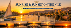 ⛵ Nile River Cruises – Sail Past Temples & Scenic Landscapes 14 Sunrise and sunset over the Nile River in Egypt with traditional felucca sailboats, ancient temples, palm-lined shores, and golden reflections across the water.