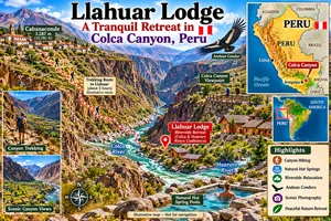 Colorful illustrated adventure map of Llahuar Lodge in Colca Canyon, Peru, featuring dramatic Andean mountains, the Colca and Huaruro rivers, riverside lodge accommodations, natural hot spring pools, canyon hiking trails, scenic viewpoints, and an Andean condor. A mini map highlights Colca Canyon's location near Arequipa in southern Peru, with an additional South America locator map.