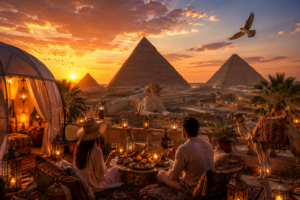 Luxury Egypt travel experience overlooking the Great Pyramids and Sphinx at sunset with glowing lanterns, outdoor dining, a desert dome stay, camel, and people relaxing on a scenic terrace.