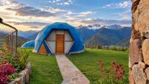 Andean Mountain Yurt, Chinchero: Authentic Highlands Experience In A Cozy Yurt 3 Blue geodesic glamping dome surrounded by green highland scenery and dramatic Andean mountains near Chinchero, Peru.