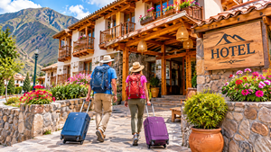 Two travelers carrying suitcases and backpacks walk toward a charming boutique hotel with wooden balconies, colorful flowers, stone pathways, and spectacular Andes Mountain scenery, illustrating accommodations near Pisac, Peru.