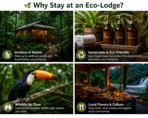 Four-panel infographic explaining the benefits of staying at an eco-lodge, featuring a rainforest cabin, eco-friendly amenities, tropical wildlife, and locally sourced dining surrounded by lush rainforest scenery.
