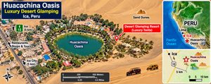Luxury Tents in Huacachina Oasis: Desert Glamping & Adventures in Peru 7 Illustrated map of Huacachina Oasis near Ica, Peru, showing the palm-lined lagoon, surrounding golden sand dunes, desert glamping tents, nearby attractions, and inset maps highlighting Huacachina's location in Peru.