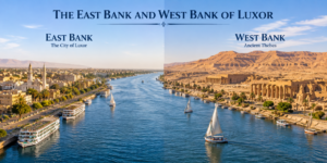 Luxor Temple – Heart Of Ancient Thebes 16 Wide panoramic view of the East Bank and West Bank of Luxor, Egypt, separated by the Nile River, with Luxor city, cruise ships, feluccas, ancient temples and desert mountains.
