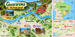 Guararema Riverside Glamping, Brazil: A Peaceful Escape by the Water 13 Illustrated travel map of Guararema, São Paulo, Brazil, highlighting the Paraíba do Sul River, riverside glamping, kayaking, hiking trails, historic downtown, local markets, and inset maps showing Guararema's location within São Paulo State and Brazil.
