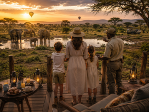 Luxury East Africa safari lodge deck overlooking elephants at a watering hole during sunset with a family watching wildlife beside glowing lanterns, a safari guide pointing across the savanna, hot air balloons overhead, and safari vehicles in the distance.