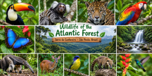 Atlantic Forest wildlife collage featuring a toucan, marmoset, jaguar, macaw, butterfly, anteater, deer, coati, hummingbird, tropical birds, rainforest, and waterfall near São Paulo, Brazil.