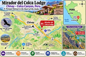 Illustrated tourist map of Mirador del Colca Lodge in Chivay, Peru, featuring Colca Canyon, La Calera Hot Springs, Chivay Main Square, Our Lady of the Assumption Church, Andean mountain scenery, condor viewpoints, and mini maps showing the Colca Canyon region and its location in Peru.
