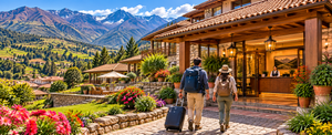 Two travelers walking toward a beautiful mountain hotel with luggage and backpacks, surrounded by colorful gardens, stone pathways, and spectacular Andean mountain scenery near Chinchero, Peru.