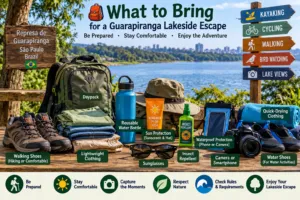 Lakeside Cabins At Represa De Guarapiranga: A Waterside Glamping Escape 5 Lakeside travel essentials including a daypack, walking shoes, lightweight clothing, water bottle, sun protection, insect repellent, camera, and water shoes for a Guarapiranga adventure.