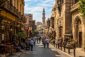 Cairo, Egypt – Museums, Bustling Markets, Ancient Mosques & Unforgettable Adventures 11 Historic Cairo neighborhood with bustling streets, traditional architecture, local shops, cafés and mosque minarets in Egypt.