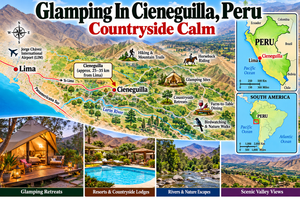 Illustrated travel map of Cieneguilla, Peru, highlighting countryside glamping retreats, scenic valleys, the Lurín River, hiking trails, horseback riding, and nearby Lima, with mini maps showing Cieneguilla's location in Peru and South America.