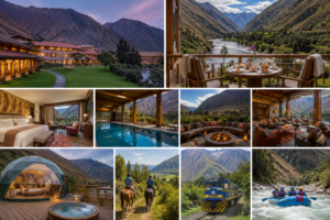 Luxury Sacred Valley Peru collage featuring mountain resorts, scenic glamping domes, hot tubs, rafting adventures, horseback riding, riverfront dining, luxury train travel, spa areas, and breathtaking Andes mountain scenery near Machu Picchu.