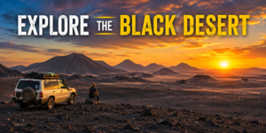 Egypt’s Black Desert at sunset with dark volcanic hills, rocky terrain, a 4×4 safari vehicle, and a traveler overlooking the desert landscape.