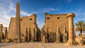 Karnak Temple – Luxor, Egypt: Gateway To Ancient Wonders 6 Wide view of Karnak Temple in Luxor, Egypt, featuring an ancient obelisk, towering stone walls, pharaoh statues, columns, hieroglyphs, and palm trees.